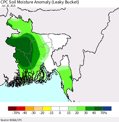 Bangladesh CPC Soil Moisture Anomaly (Leaky Bucket) Thematic Map For 7/16/2021 - 7/20/2021