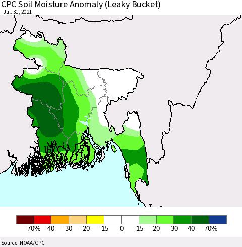 Bangladesh CPC Soil Moisture Anomaly (Leaky Bucket) Thematic Map For 7/26/2021 - 7/31/2021