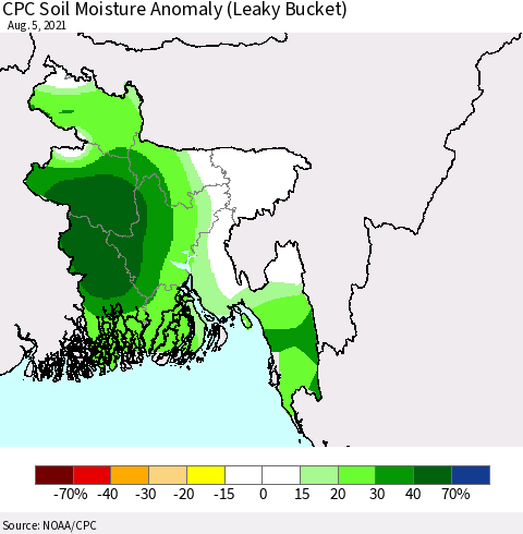 Bangladesh CPC Soil Moisture Anomaly (Leaky Bucket) Thematic Map For 8/1/2021 - 8/5/2021