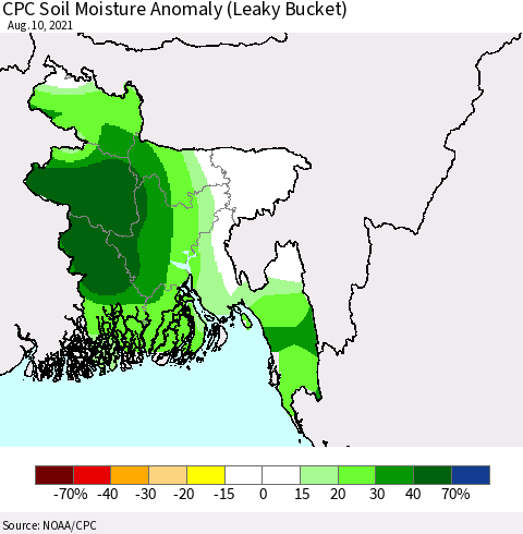 Bangladesh CPC Soil Moisture Anomaly (Leaky Bucket) Thematic Map For 8/6/2021 - 8/10/2021