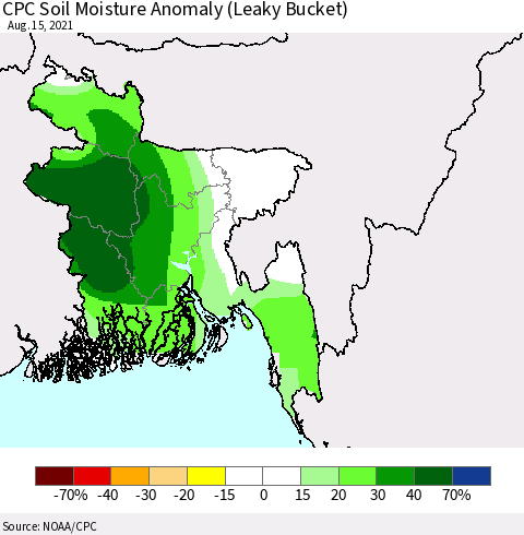 Bangladesh CPC Soil Moisture Anomaly (Leaky Bucket) Thematic Map For 8/11/2021 - 8/15/2021