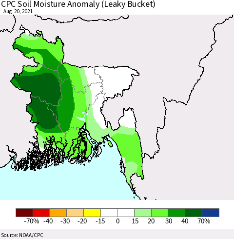 Bangladesh CPC Soil Moisture Anomaly (Leaky Bucket) Thematic Map For 8/16/2021 - 8/20/2021