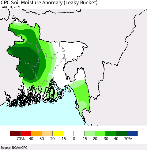 Bangladesh CPC Soil Moisture Anomaly (Leaky Bucket) Thematic Map For 8/26/2021 - 8/31/2021