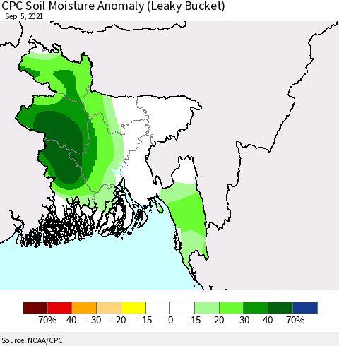 Bangladesh CPC Soil Moisture Anomaly (Leaky Bucket) Thematic Map For 9/1/2021 - 9/5/2021