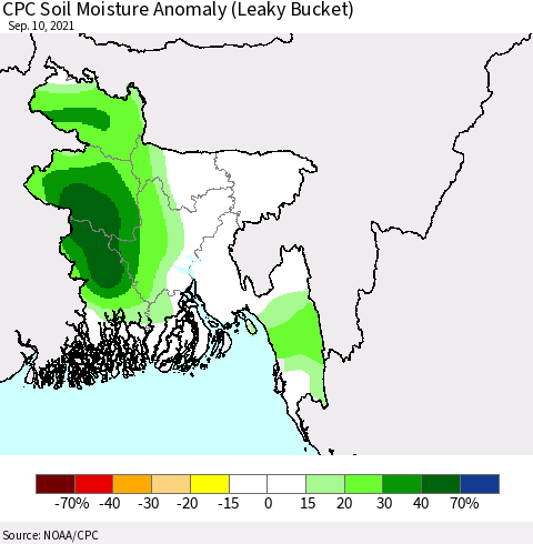 Bangladesh CPC Soil Moisture Anomaly (Leaky Bucket) Thematic Map For 9/6/2021 - 9/10/2021