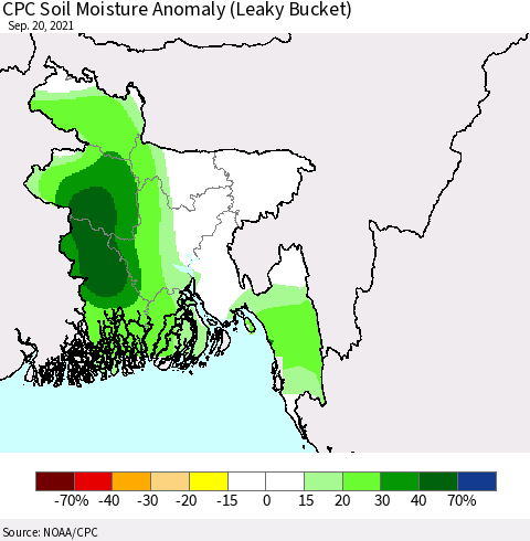 Bangladesh CPC Soil Moisture Anomaly (Leaky Bucket) Thematic Map For 9/16/2021 - 9/20/2021