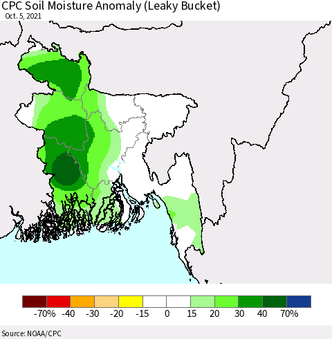 Bangladesh CPC Soil Moisture Anomaly (Leaky Bucket) Thematic Map For 10/1/2021 - 10/5/2021