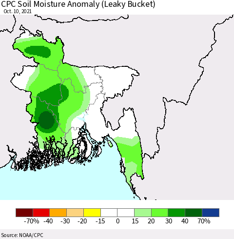 Bangladesh CPC Soil Moisture Anomaly (Leaky Bucket) Thematic Map For 10/6/2021 - 10/10/2021