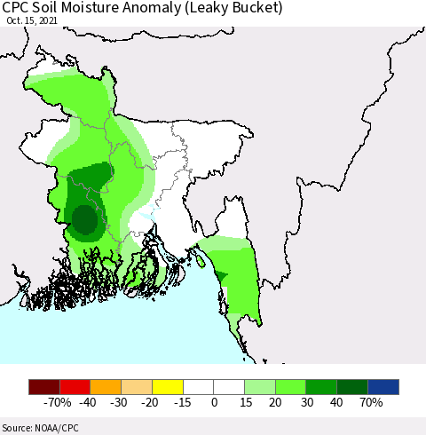 Bangladesh CPC Soil Moisture Anomaly (Leaky Bucket) Thematic Map For 10/11/2021 - 10/15/2021
