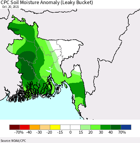 Bangladesh CPC Soil Moisture Anomaly (Leaky Bucket) Thematic Map For 10/16/2021 - 10/20/2021