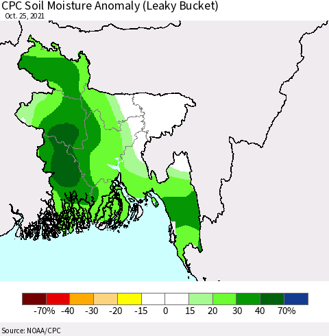 Bangladesh CPC Soil Moisture Anomaly (Leaky Bucket) Thematic Map For 10/21/2021 - 10/25/2021