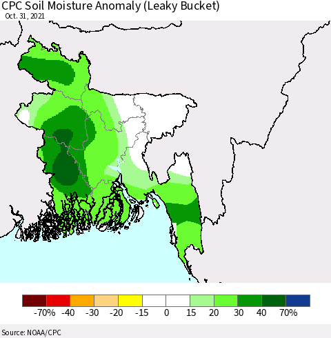 Bangladesh CPC Soil Moisture Anomaly (Leaky Bucket) Thematic Map For 10/26/2021 - 10/31/2021