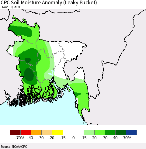 Bangladesh CPC Soil Moisture Anomaly (Leaky Bucket) Thematic Map For 11/6/2021 - 11/10/2021