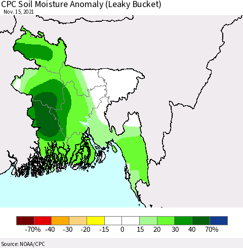 Bangladesh CPC Soil Moisture Anomaly (Leaky Bucket) Thematic Map For 11/11/2021 - 11/15/2021