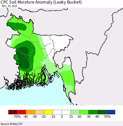 Bangladesh CPC Soil Moisture Anomaly (Leaky Bucket) Thematic Map For 11/16/2021 - 11/20/2021