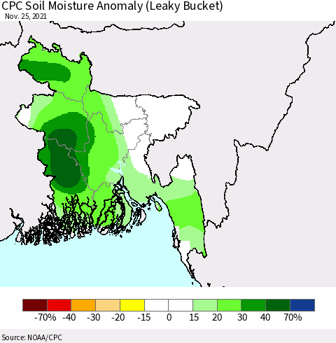 Bangladesh CPC Soil Moisture Anomaly (Leaky Bucket) Thematic Map For 11/21/2021 - 11/25/2021