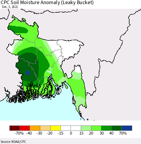 Bangladesh CPC Soil Moisture Anomaly (Leaky Bucket) Thematic Map For 12/1/2021 - 12/5/2021