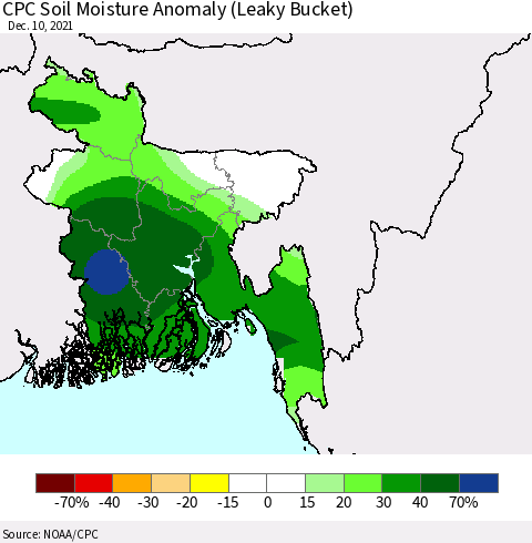 Bangladesh CPC Soil Moisture Anomaly (Leaky Bucket) Thematic Map For 12/6/2021 - 12/10/2021