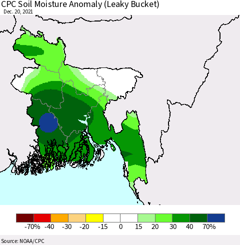 Bangladesh CPC Soil Moisture Anomaly (Leaky Bucket) Thematic Map For 12/16/2021 - 12/20/2021
