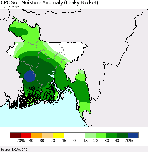 Bangladesh CPC Soil Moisture Anomaly (Leaky Bucket) Thematic Map For 1/1/2022 - 1/5/2022
