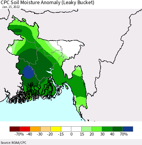 Bangladesh CPC Soil Moisture Anomaly (Leaky Bucket) Thematic Map For 1/11/2022 - 1/15/2022