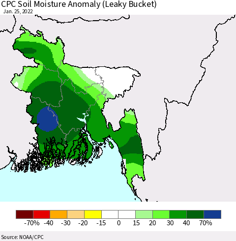 Bangladesh CPC Soil Moisture Anomaly (Leaky Bucket) Thematic Map For 1/21/2022 - 1/25/2022