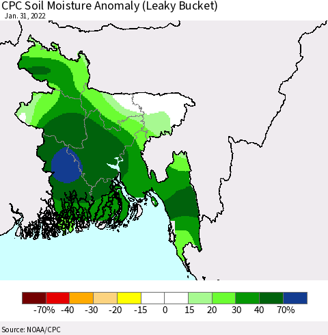 Bangladesh CPC Soil Moisture Anomaly (Leaky Bucket) Thematic Map For 1/26/2022 - 1/31/2022