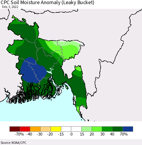 Bangladesh CPC Soil Moisture Anomaly (Leaky Bucket) Thematic Map For 2/1/2022 - 2/5/2022