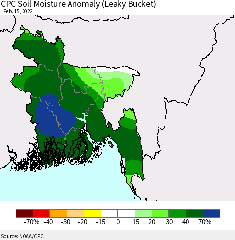 Bangladesh CPC Soil Moisture Anomaly (Leaky Bucket) Thematic Map For 2/11/2022 - 2/15/2022