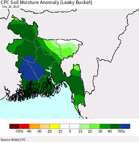 Bangladesh CPC Soil Moisture Anomaly (Leaky Bucket) Thematic Map For 2/16/2022 - 2/20/2022