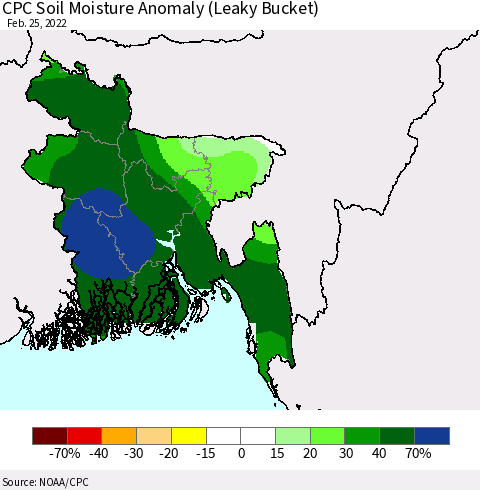 Bangladesh CPC Soil Moisture Anomaly (Leaky Bucket) Thematic Map For 2/21/2022 - 2/25/2022