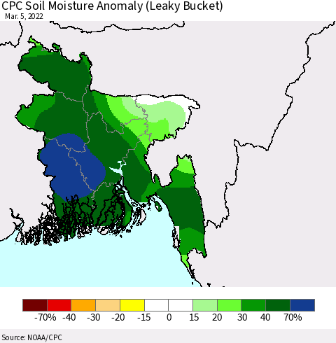 Bangladesh CPC Soil Moisture Anomaly (Leaky Bucket) Thematic Map For 3/1/2022 - 3/5/2022