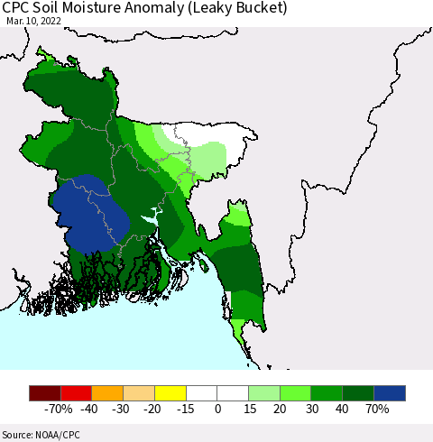 Bangladesh CPC Soil Moisture Anomaly (Leaky Bucket) Thematic Map For 3/6/2022 - 3/10/2022