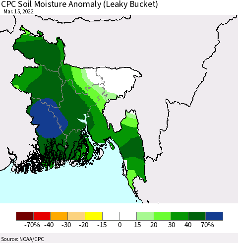 Bangladesh CPC Soil Moisture Anomaly (Leaky Bucket) Thematic Map For 3/11/2022 - 3/15/2022