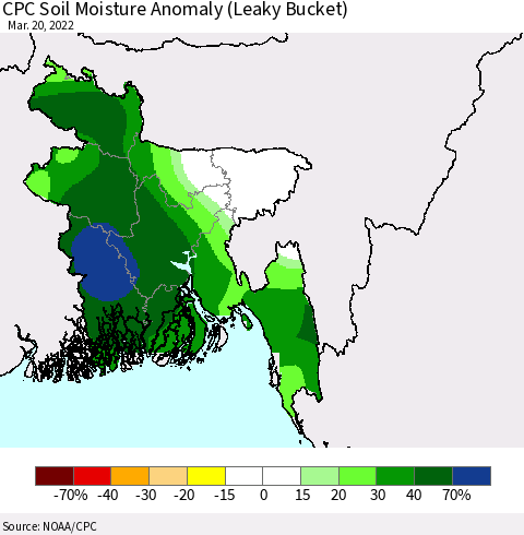 Bangladesh CPC Soil Moisture Anomaly (Leaky Bucket) Thematic Map For 3/16/2022 - 3/20/2022