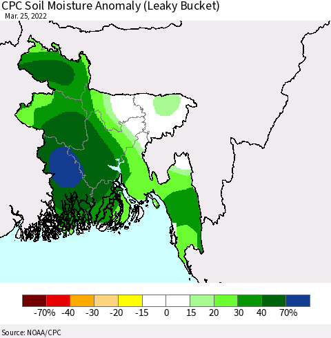 Bangladesh CPC Soil Moisture Anomaly (Leaky Bucket) Thematic Map For 3/21/2022 - 3/25/2022
