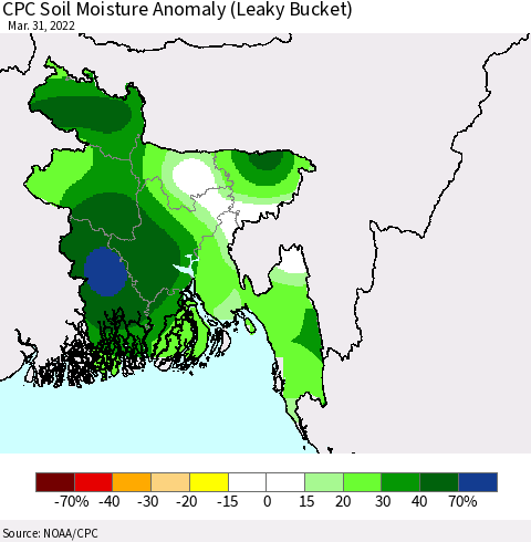 Bangladesh CPC Soil Moisture Anomaly (Leaky Bucket) Thematic Map For 3/26/2022 - 3/31/2022