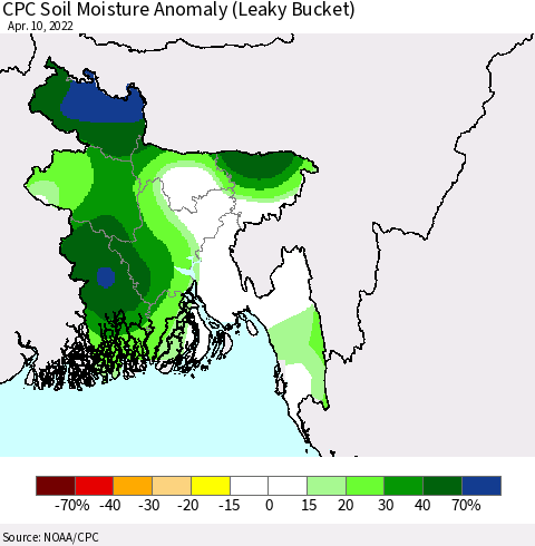 Bangladesh CPC Soil Moisture Anomaly (Leaky Bucket) Thematic Map For 4/6/2022 - 4/10/2022