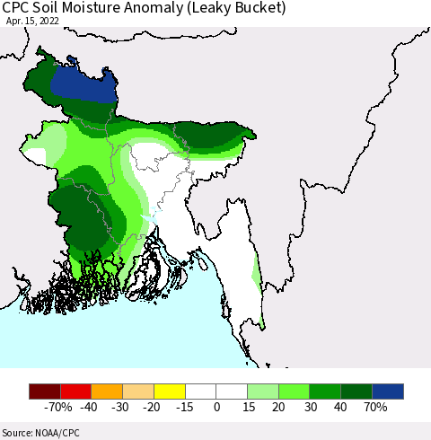 Bangladesh CPC Soil Moisture Anomaly (Leaky Bucket) Thematic Map For 4/11/2022 - 4/15/2022