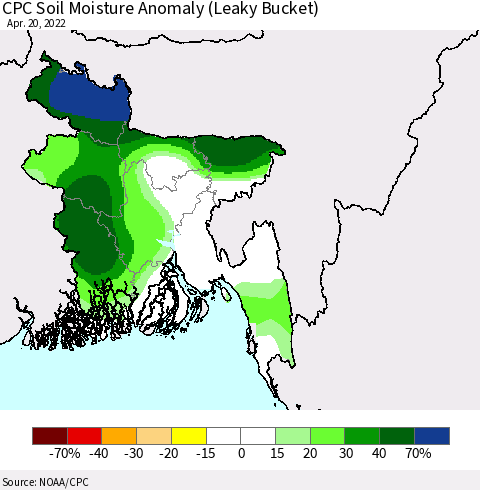 Bangladesh CPC Soil Moisture Anomaly (Leaky Bucket) Thematic Map For 4/16/2022 - 4/20/2022