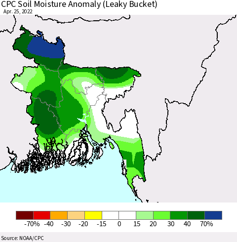 Bangladesh CPC Soil Moisture Anomaly (Leaky Bucket) Thematic Map For 4/21/2022 - 4/25/2022