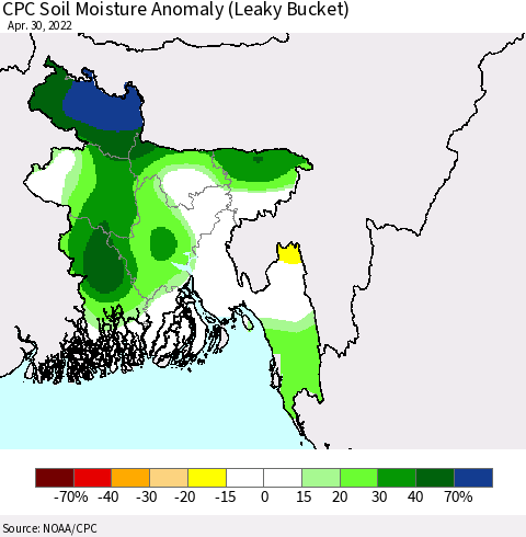 Bangladesh CPC Soil Moisture Anomaly (Leaky Bucket) Thematic Map For 4/26/2022 - 4/30/2022