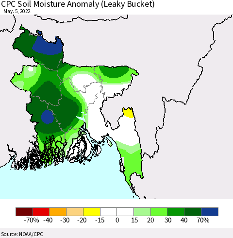 Bangladesh CPC Soil Moisture Anomaly (Leaky Bucket) Thematic Map For 5/1/2022 - 5/5/2022