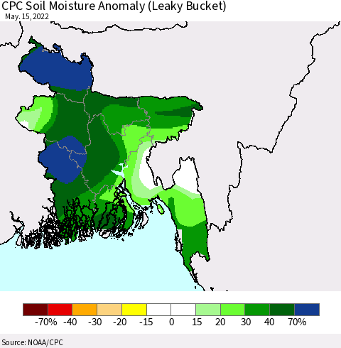 Bangladesh CPC Soil Moisture Anomaly (Leaky Bucket) Thematic Map For 5/11/2022 - 5/15/2022