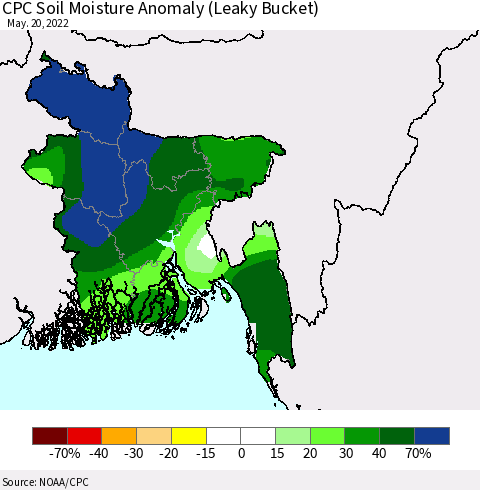 Bangladesh CPC Soil Moisture Anomaly (Leaky Bucket) Thematic Map For 5/16/2022 - 5/20/2022