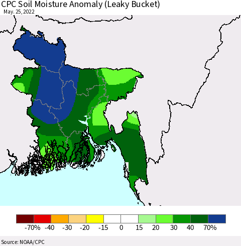 Bangladesh CPC Soil Moisture Anomaly (Leaky Bucket) Thematic Map For 5/21/2022 - 5/25/2022