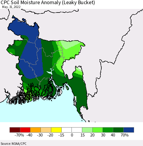 Bangladesh CPC Soil Moisture Anomaly (Leaky Bucket) Thematic Map For 5/26/2022 - 5/31/2022