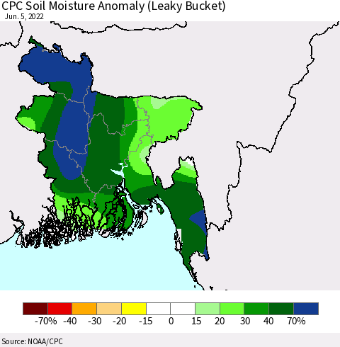 Bangladesh CPC Soil Moisture Anomaly (Leaky Bucket) Thematic Map For 6/1/2022 - 6/5/2022