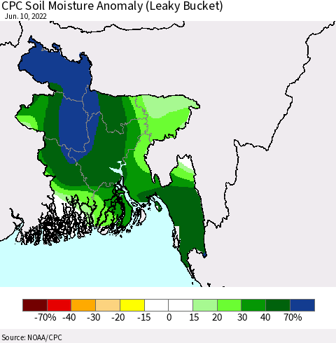 Bangladesh CPC Soil Moisture Anomaly (Leaky Bucket) Thematic Map For 6/6/2022 - 6/10/2022