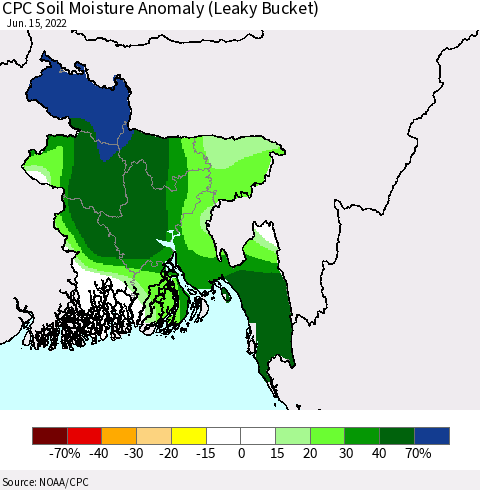 Bangladesh CPC Soil Moisture Anomaly (Leaky Bucket) Thematic Map For 6/11/2022 - 6/15/2022